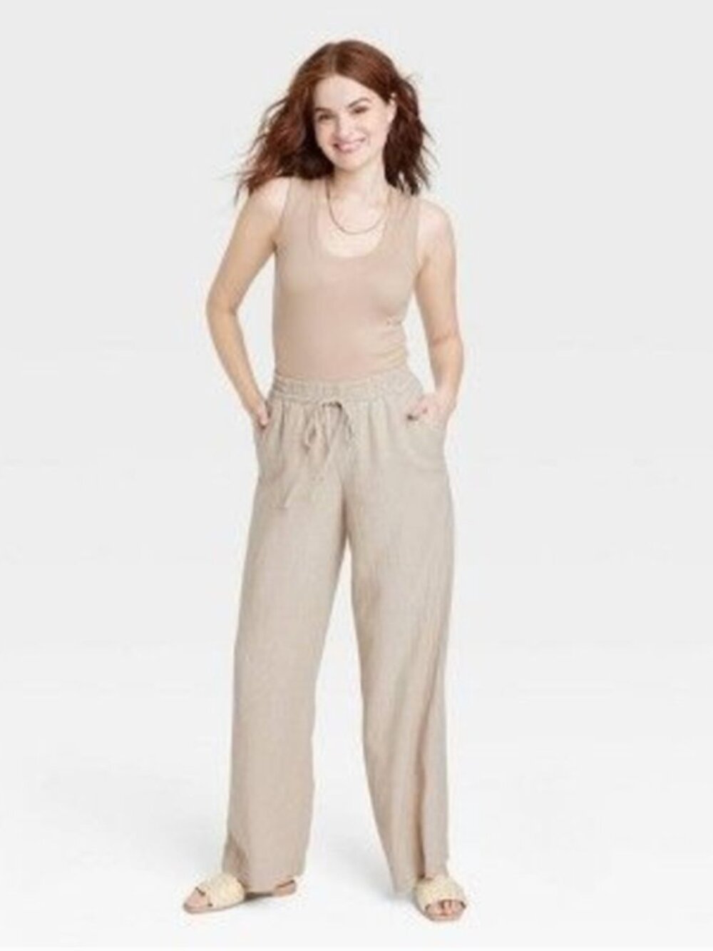 A New Day High-Rise Wide Leg Linen Pull-On Pants Beige